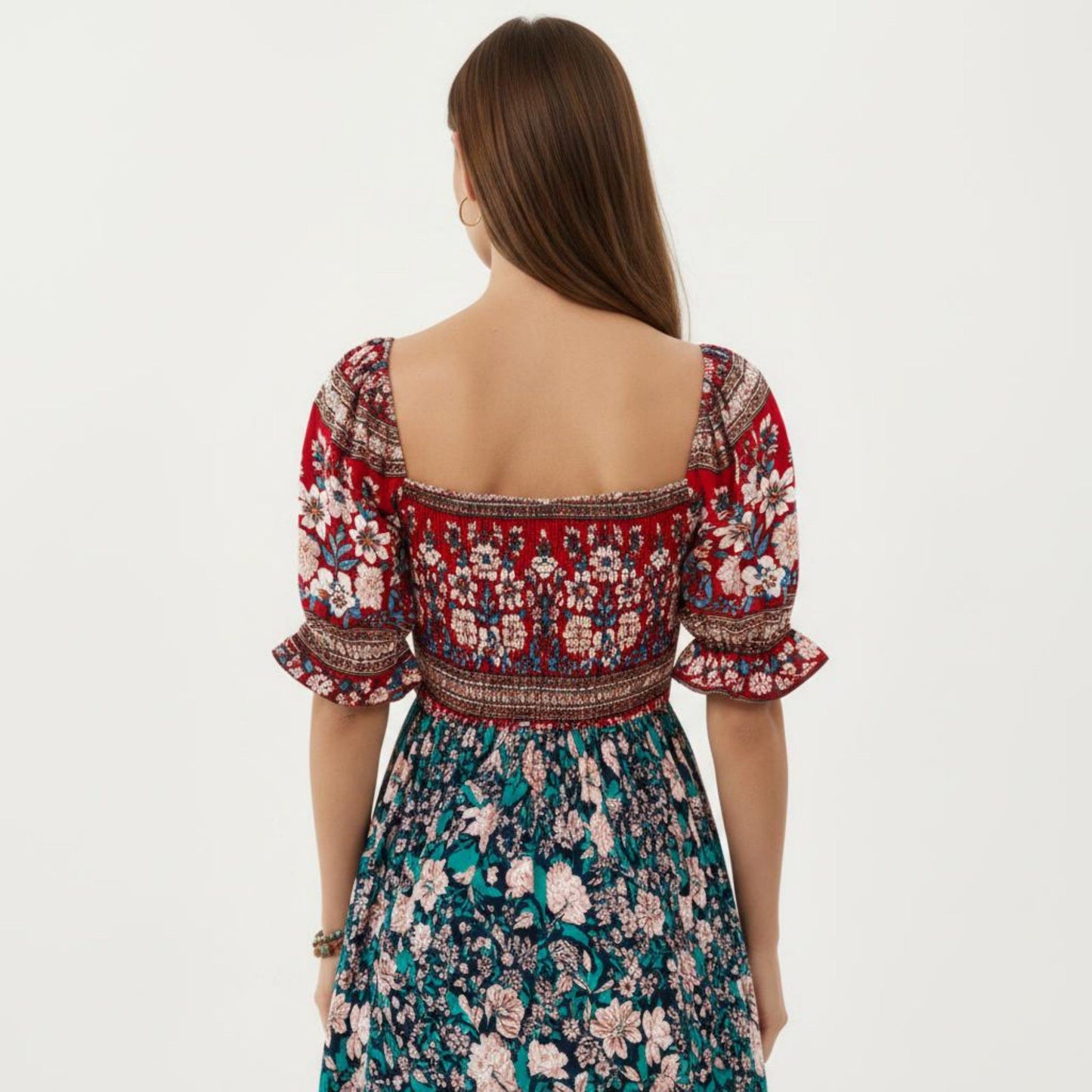 Puff Sleeve Maxi Dress with Mixed Floral Print and Border Hem