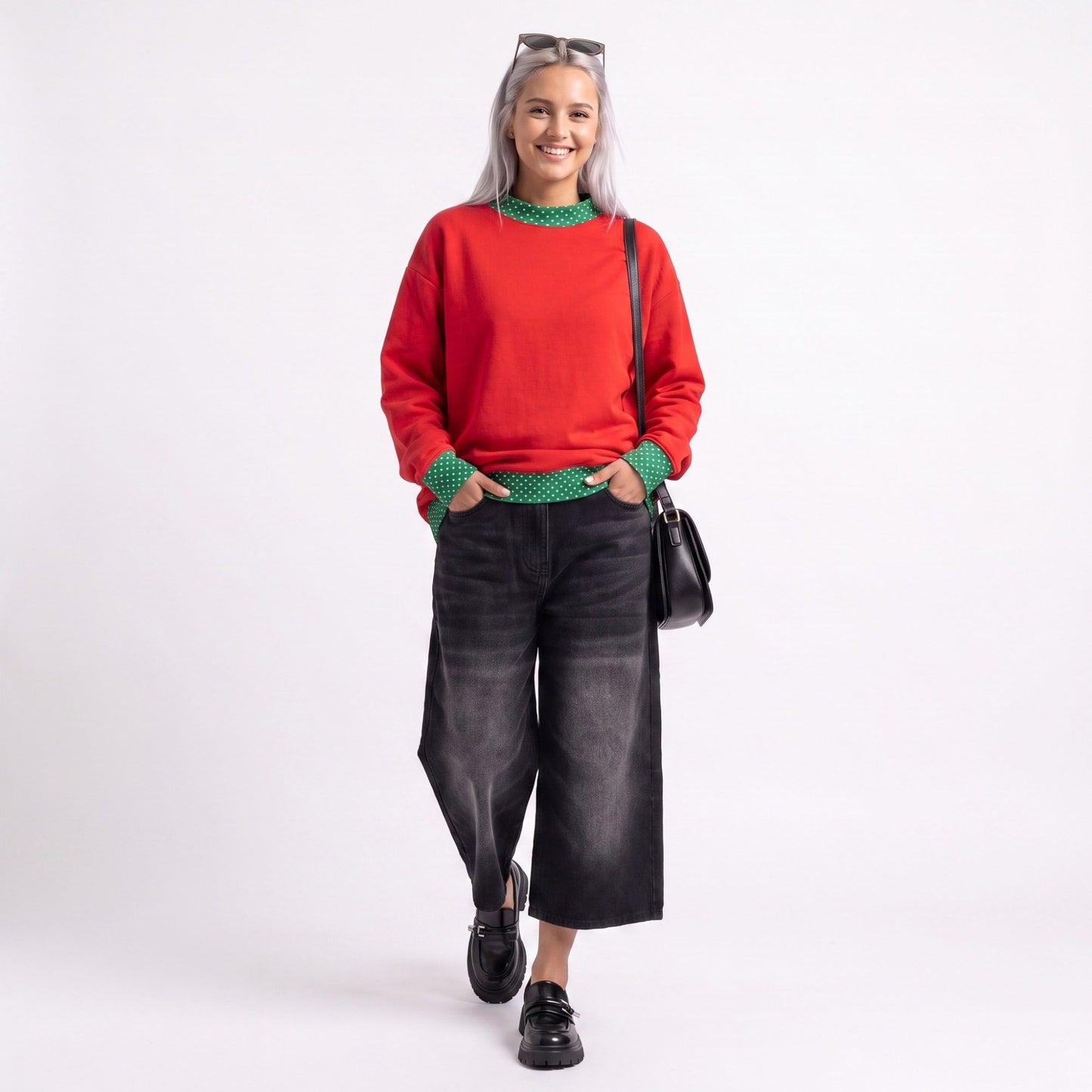 Long Sleeve Contrast Trim Sweatshirt with Polka Dot Details