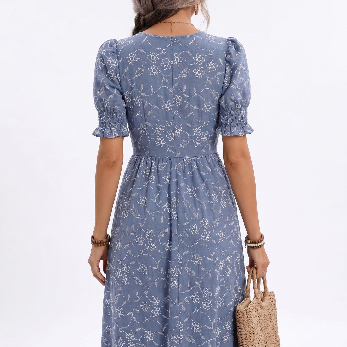 Floral Embroidered Puff Sleeve Midi Dress
