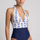 Printed Halter One Piece Swimsuit with Deep V-Neck Contrast Waist Panel Smooth Stretch Fit and Classic Leg