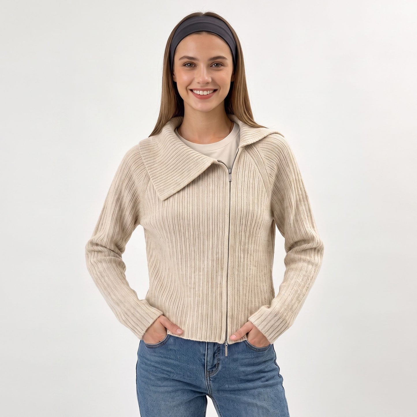 Ribbed Wide Collar Zip-Front Cardigan Sweater