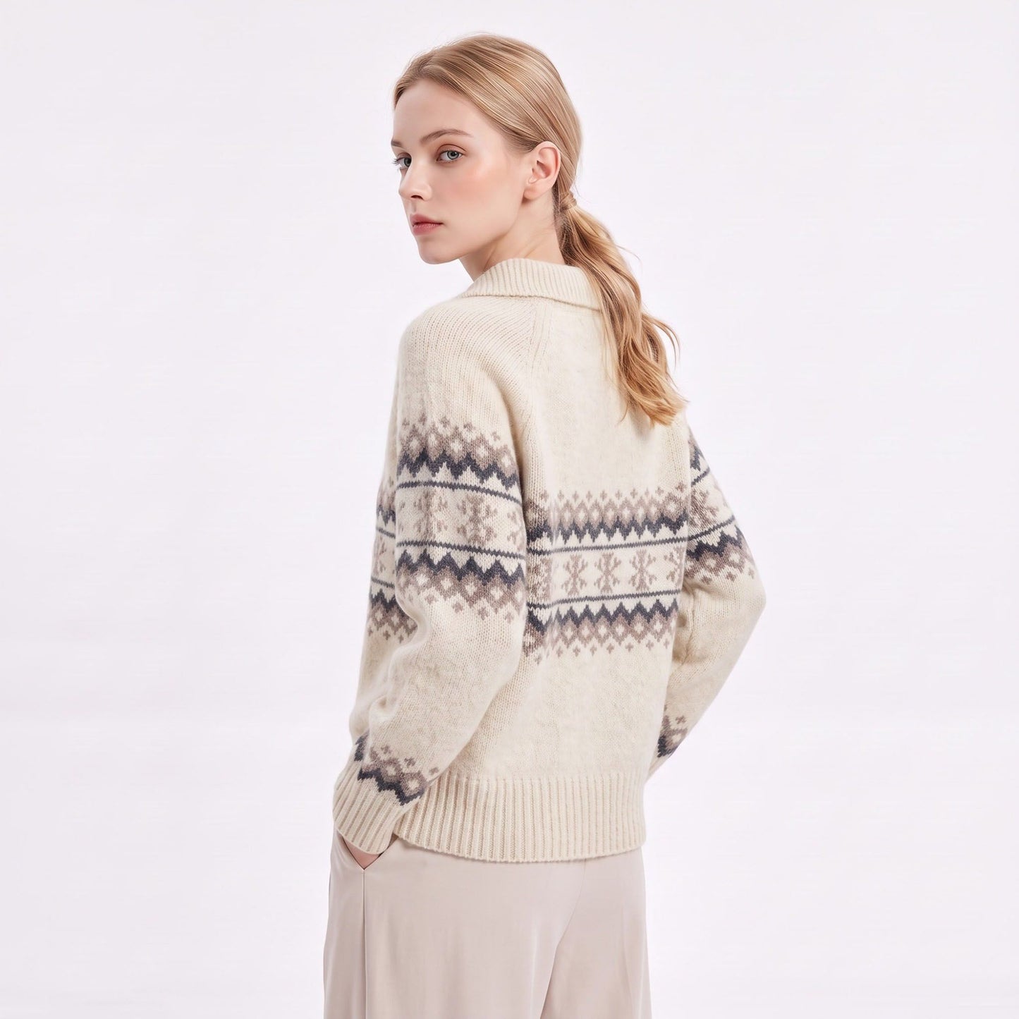 Fair Isle Collared Henley Pullover Sweater