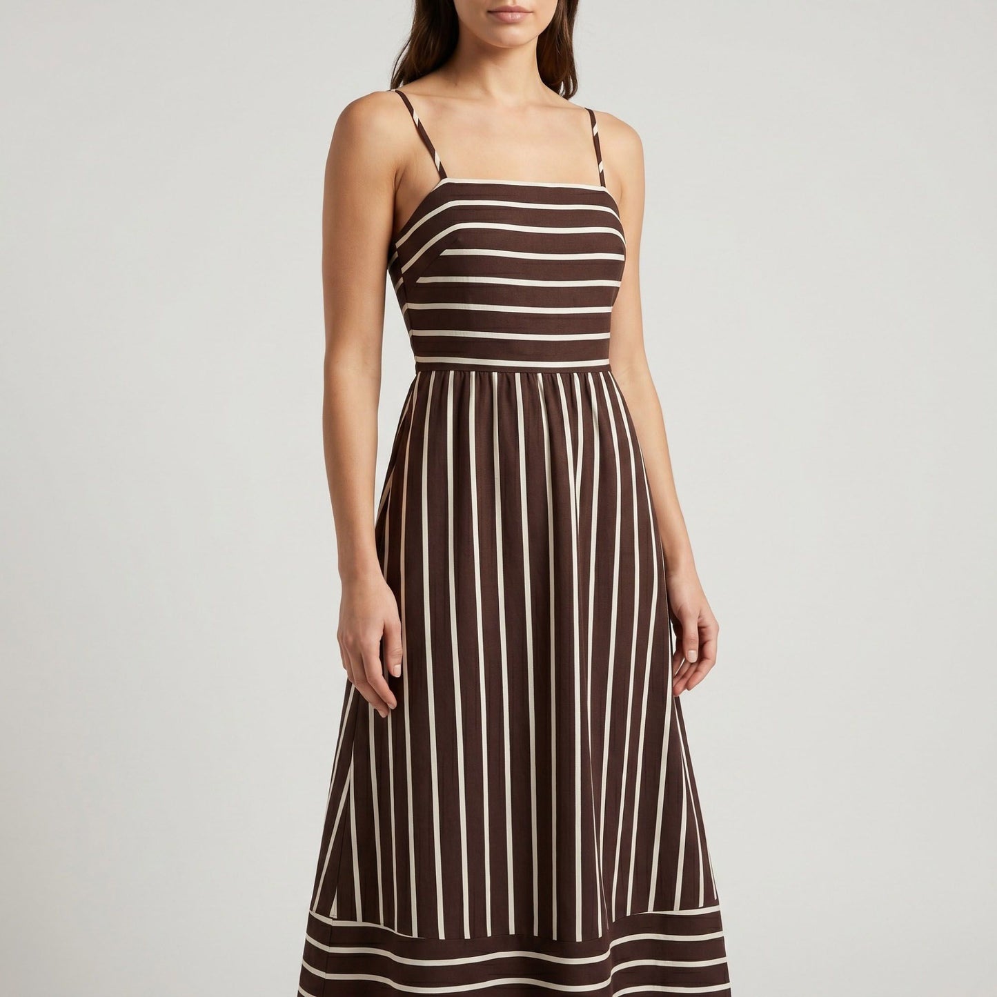 Striped Square Neck Sleeveless Maxi Dress with Fitted Bodice Adjustable Straps and Flowy Tiered A-Line Skirt