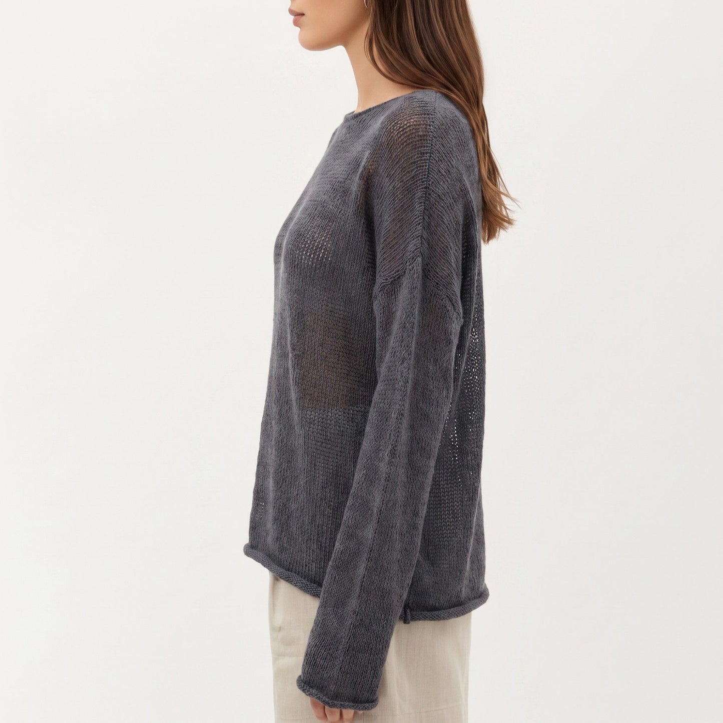 Women's Lightweight Open Knit Long Sleeve Sweater Top with Relaxed Fit and Subtle Sheer Texture