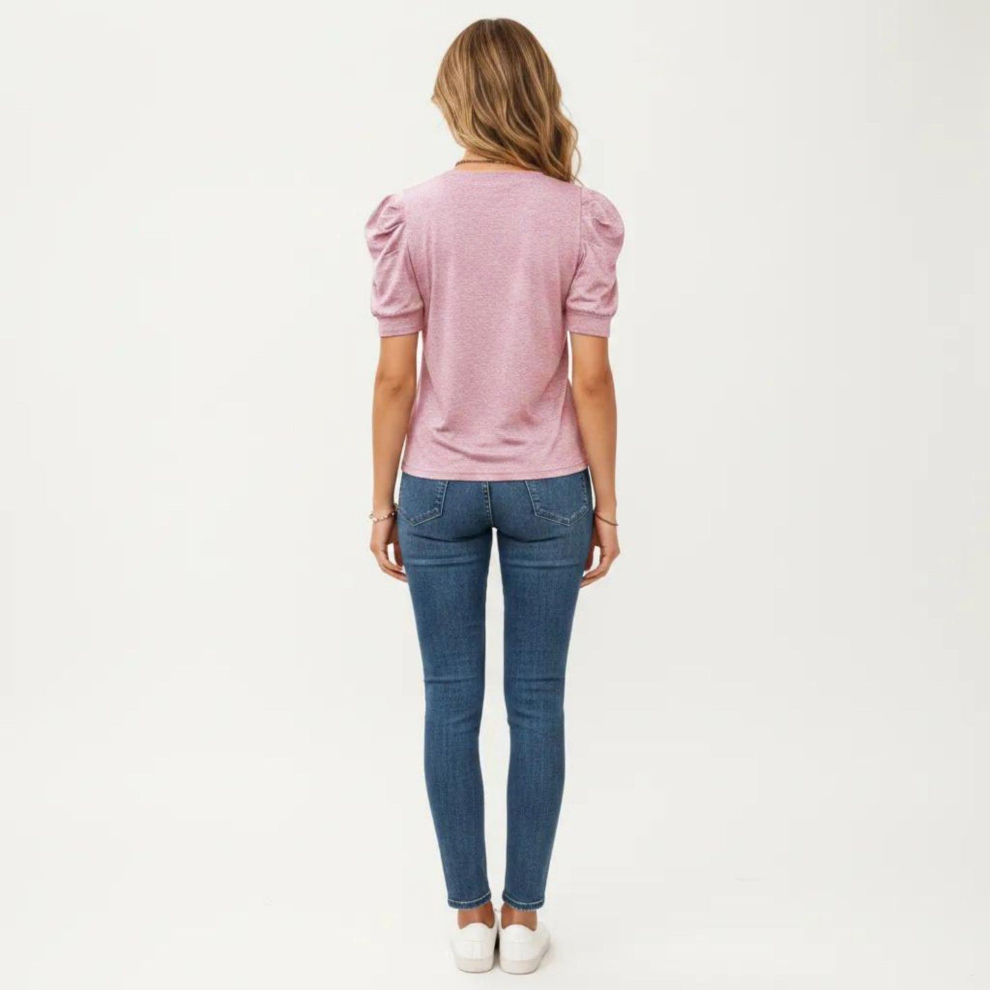 Short Sleeve Puff Sleeve Knit Top with Crew Neck and Soft Textured Fabric