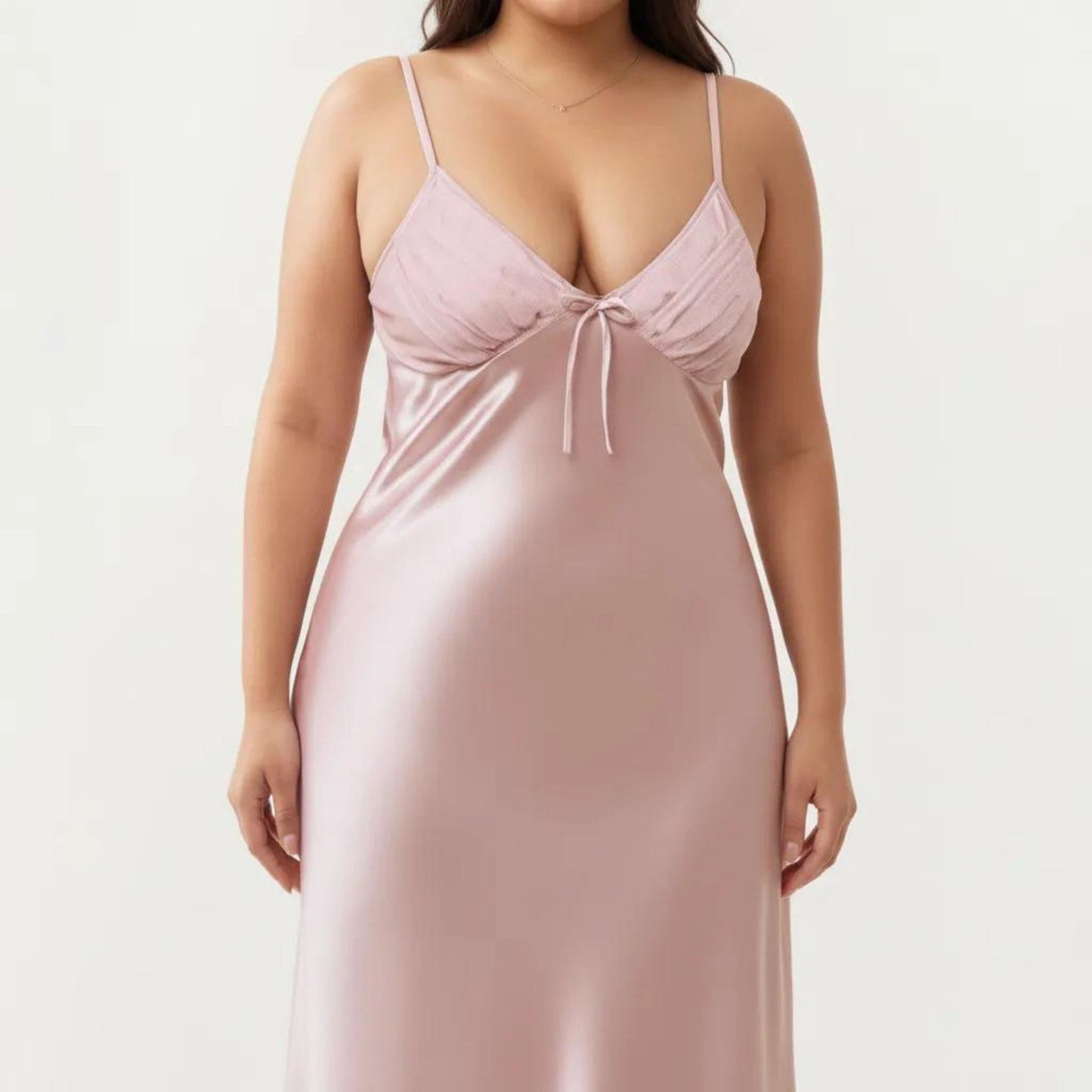 Plus Size Satin Chemise Nightgown with Lace Trim Neckline Adjustable Straps Side Slit Slip Dress