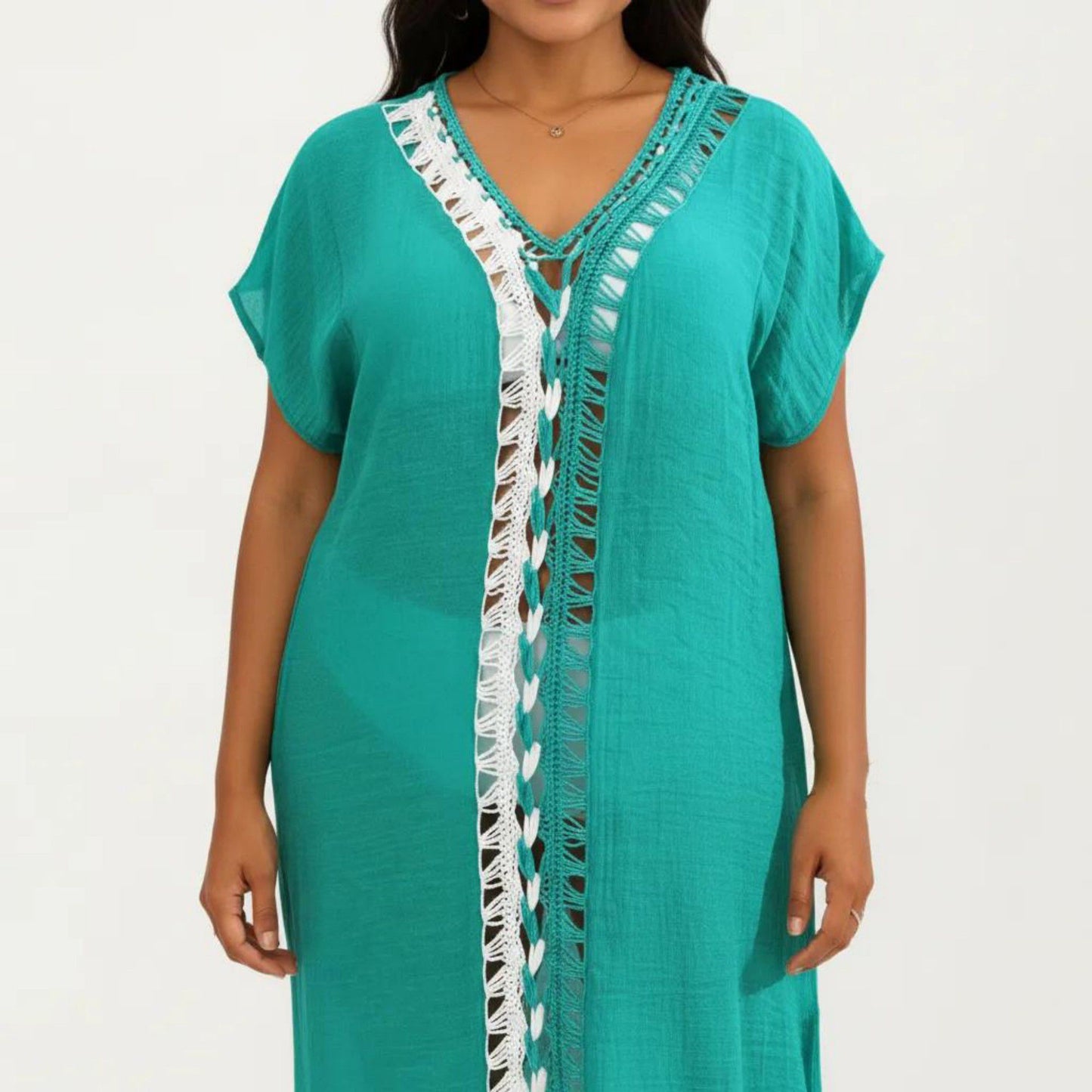 Maxi Swim Cover Up Dress with Crochet Trim V Neck Short Sleeves Relaxed Lightweight Fit