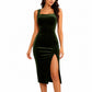 Velvet Bodycon Midi Dress with Square Neckline Wide Straps Back Zipper Side Slit and Fitted Silhouette
