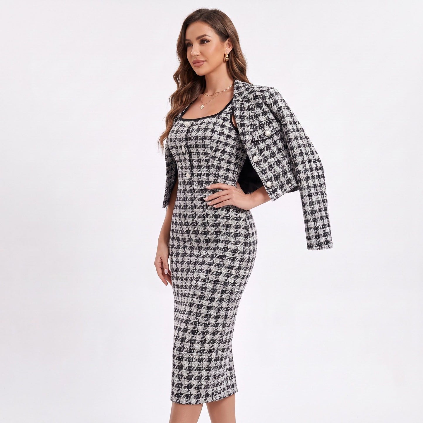 Houndstooth Cropped Blazer and Square Neck Midi Dress Two Piece Set