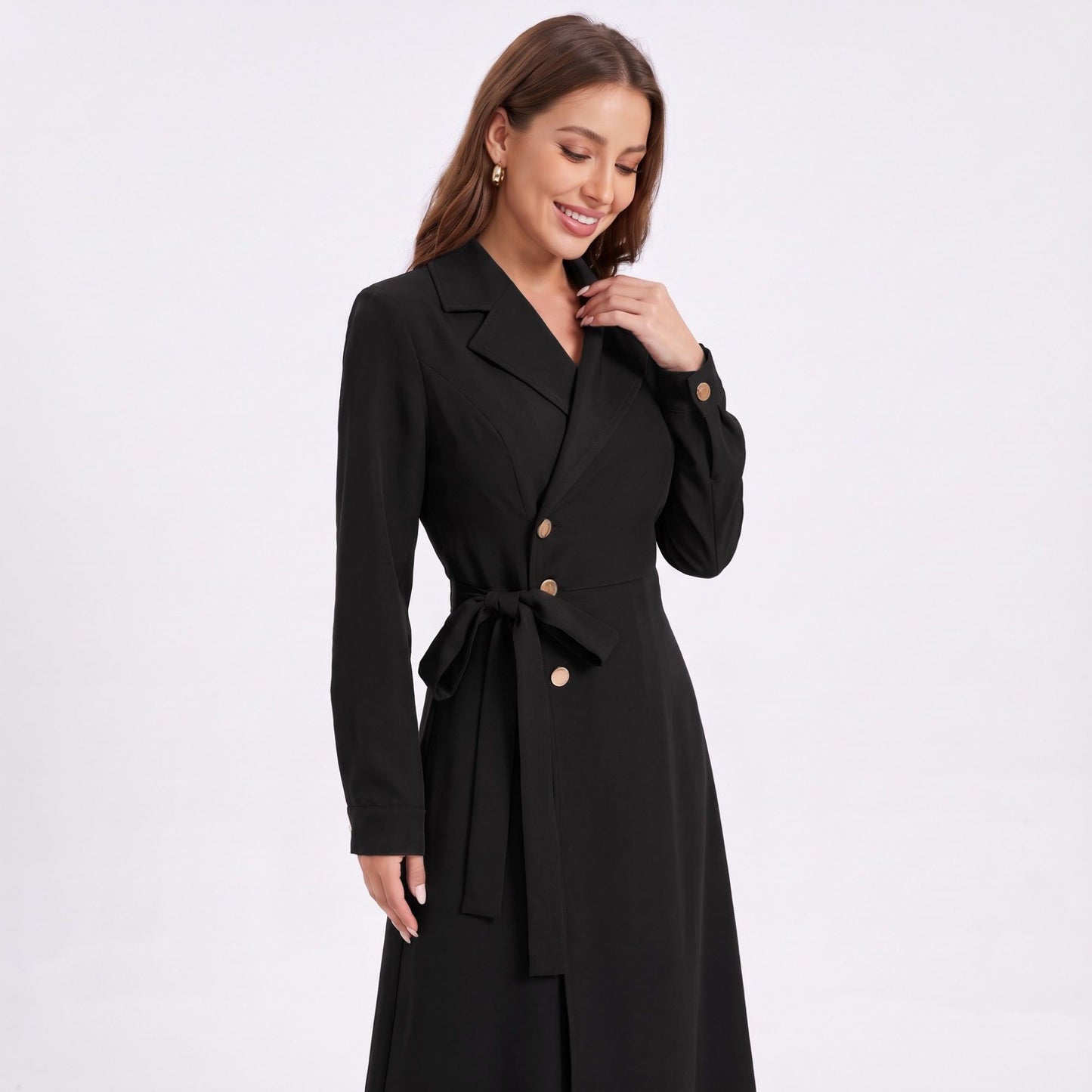 Long Sleeve Belted Trench Coat with Notched Lapels and Button Front