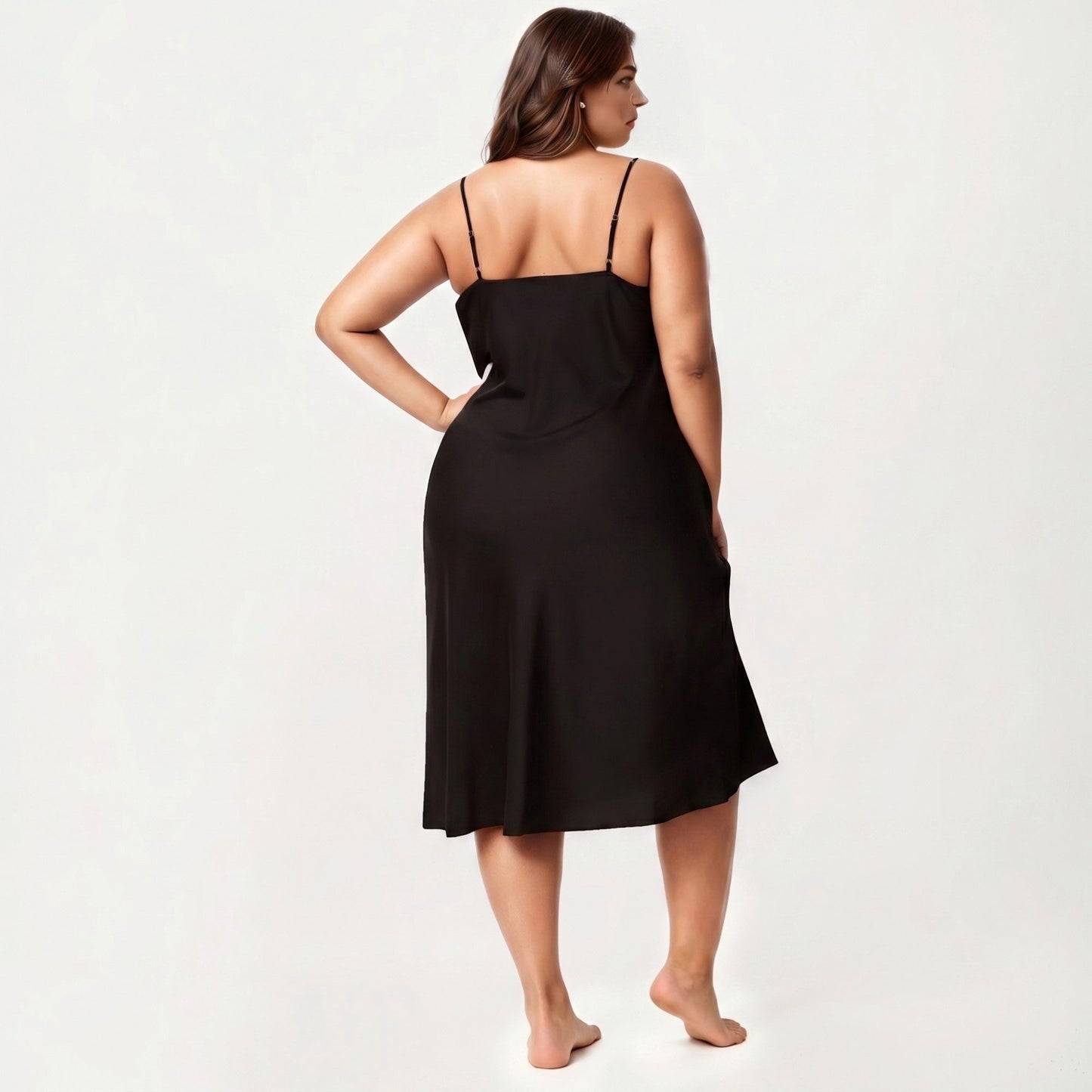 Plus Size Satin Slip Nightgown with Adjustable Spaghetti Straps Midi Length Relaxed Fit Sleepwear Dress