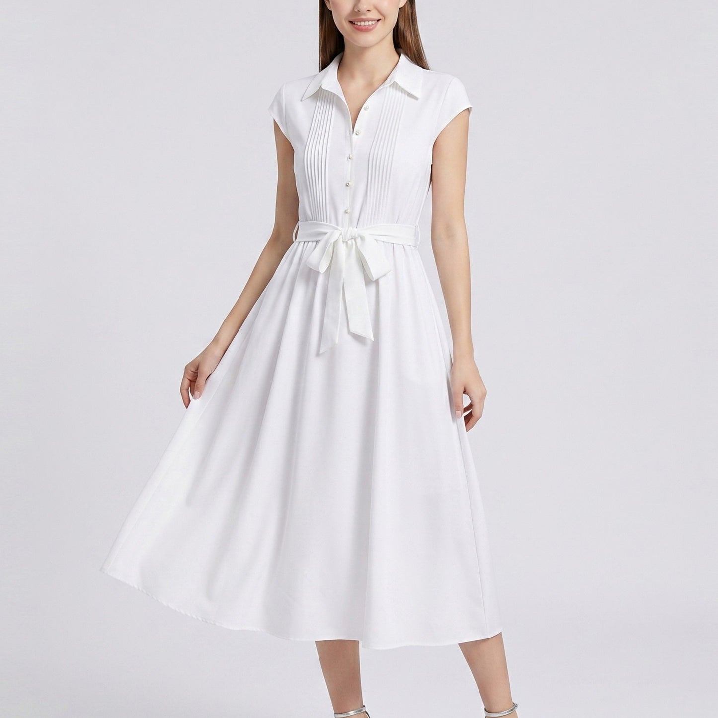 Collared Button Front Cap Sleeve Midi Shirt Dress with Pintuck Bodice Tie Waist and Flowy A Line Skirt