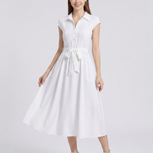 Collared Button Front Cap Sleeve Midi Shirt Dress with Pintuck Bodice Tie Waist and Flowy A Line Skirt