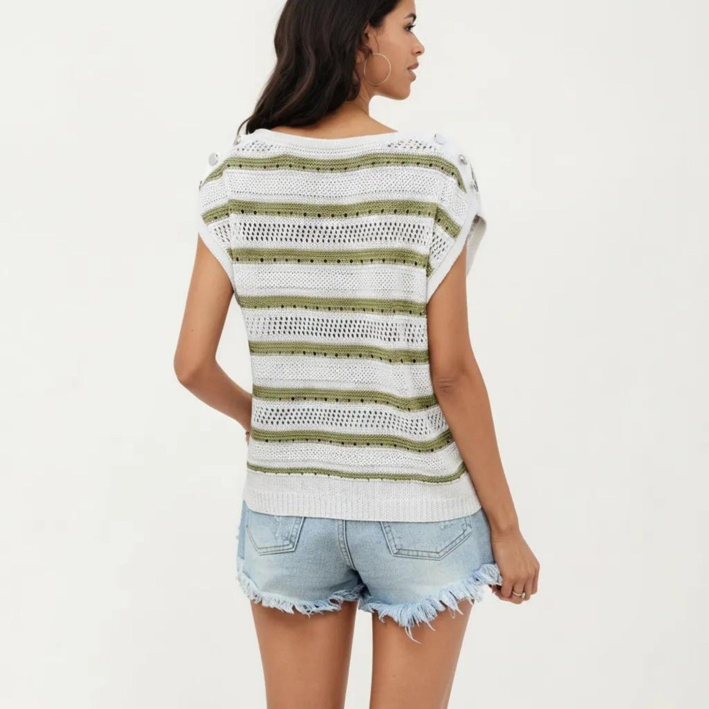 Short Sleeve Striped Open Knit Top with Button Shoulder Detail and Relaxed Fit