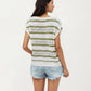 Short Sleeve Striped Open Knit Top with Button Shoulder Detail and Relaxed Fit