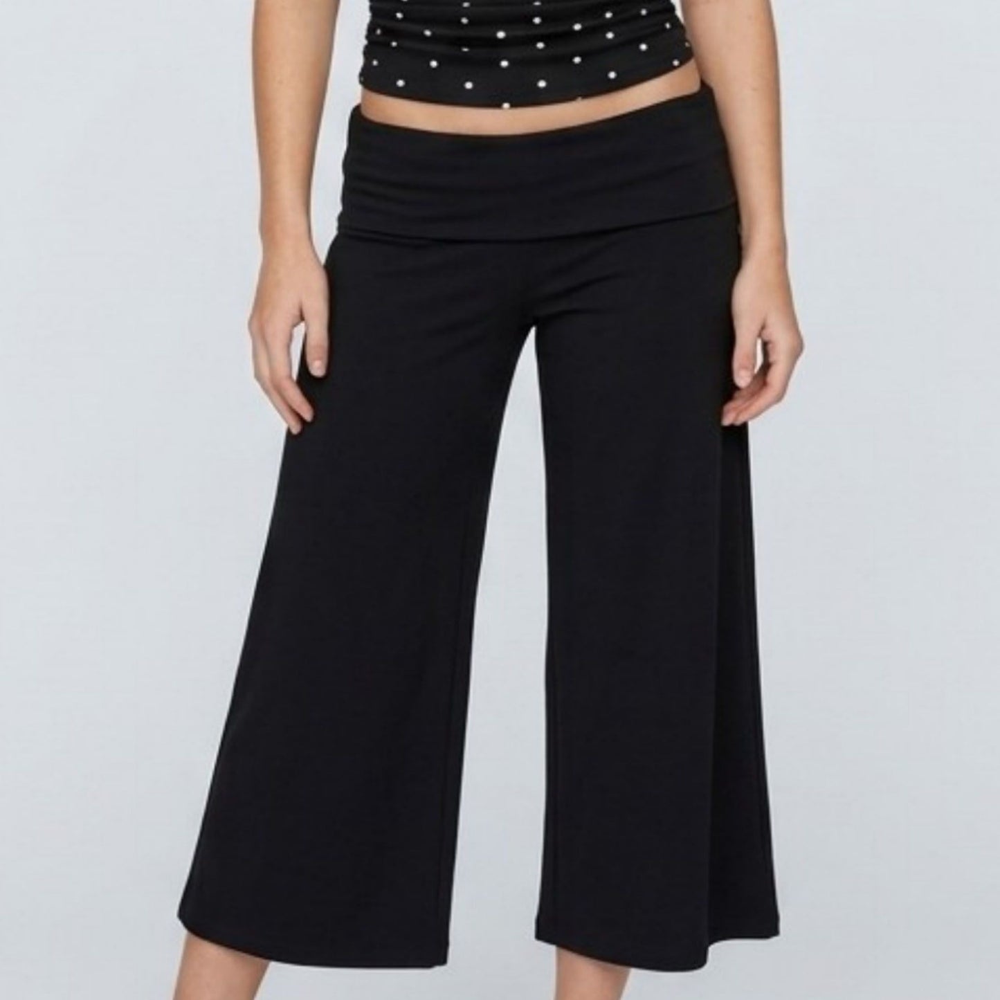 Foldover Waistband Cropped Wide-Leg Trousers