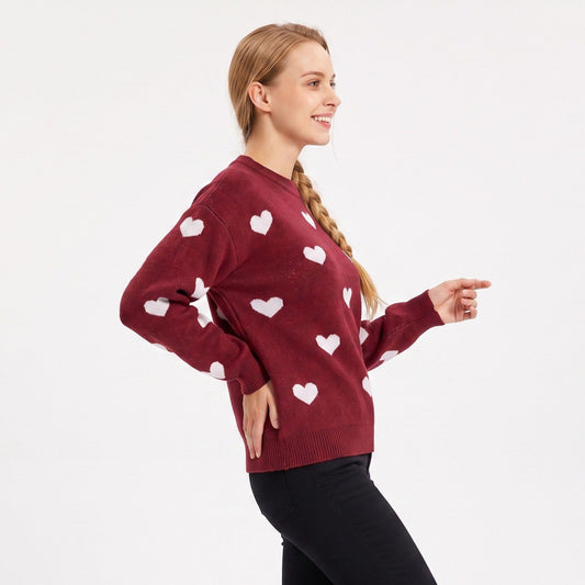 Heart Print Crew Neck Long Sleeve Knit Sweater