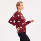 Heart Print Crew Neck Long Sleeve Knit Sweater