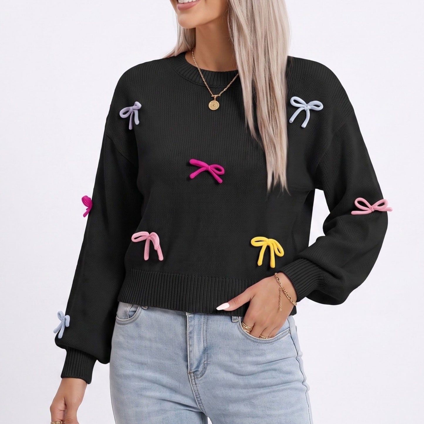 Colorful Bow Crew Neck Long Sleeve Knit Sweater