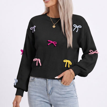 Colorful Bow Crew Neck Long Sleeve Knit Sweater