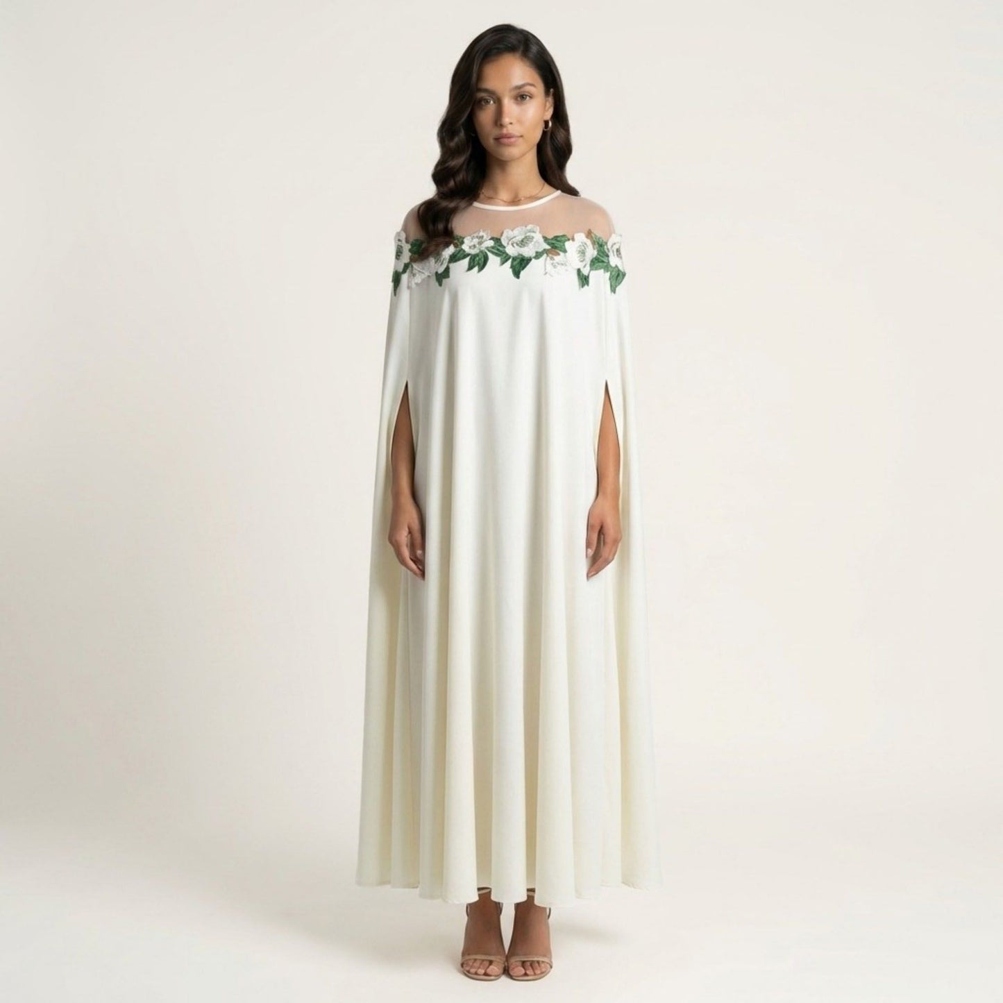 Floral Embroidered Cape Maxi Dress Sheer Neckline Loose Fit Flowing Long Dress