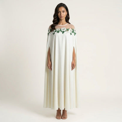 Floral Embroidered Cape Maxi Dress Sheer Neckline Loose Fit Flowing Long Dress