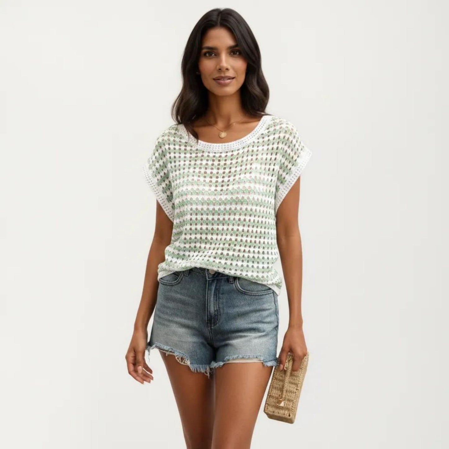 Short Sleeve Striped Crochet Knit Top with Open Stitch Texture and Relaxed Fit