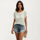 Short Sleeve Striped Crochet Knit Top with Open Stitch Texture and Relaxed Fit