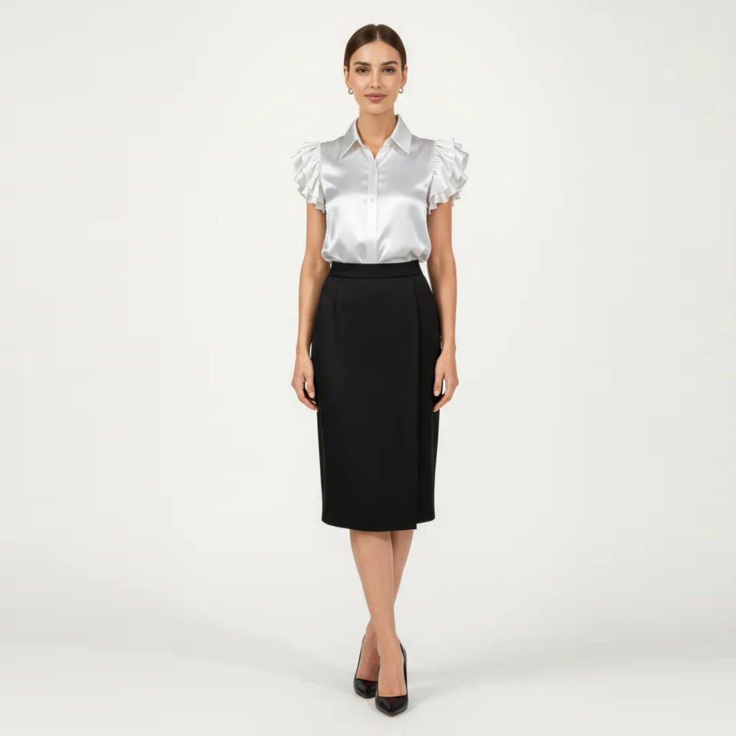 Satin Button Down Blouse with Ruffle Sleeves and Collared Neckline