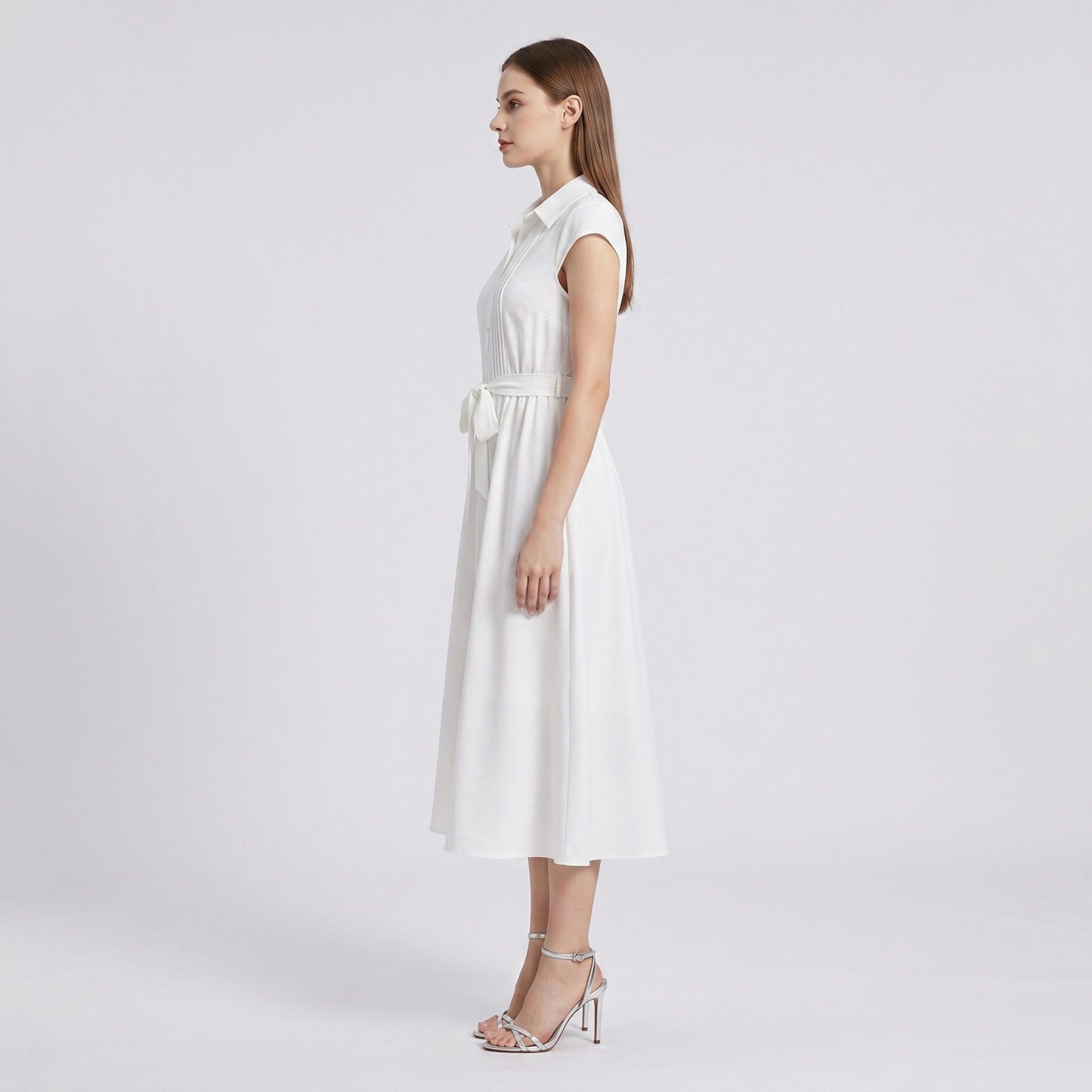 Collared Button Front Cap Sleeve Midi Shirt Dress with Pintuck Bodice Tie Waist and Flowy A Line Skirt