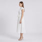 Collared Button Front Cap Sleeve Midi Shirt Dress with Pintuck Bodice Tie Waist and Flowy A Line Skirt