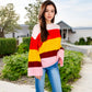 Striped Knit Sweater with Bell Sleeves and Colorful Details