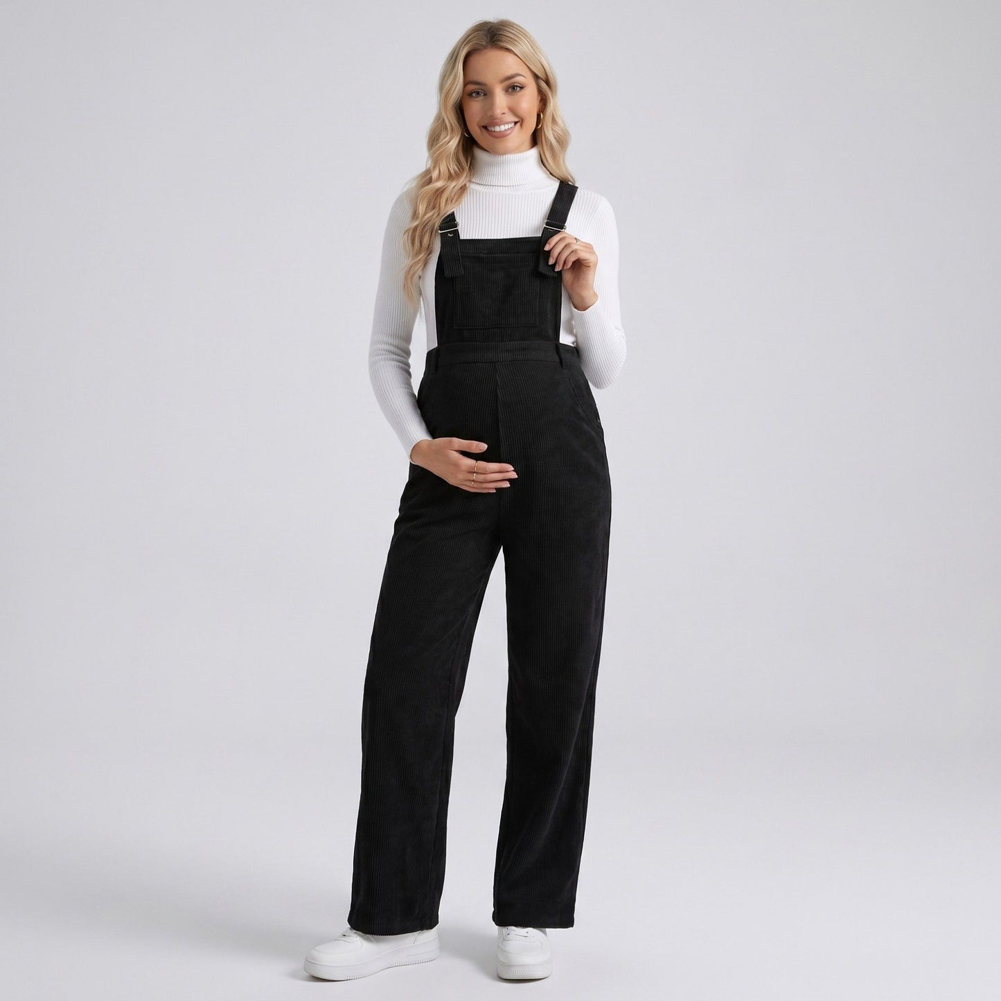 Maternity Corduroy Overall Jumpsuit with Adjustable Straps and Wide Leg Fit