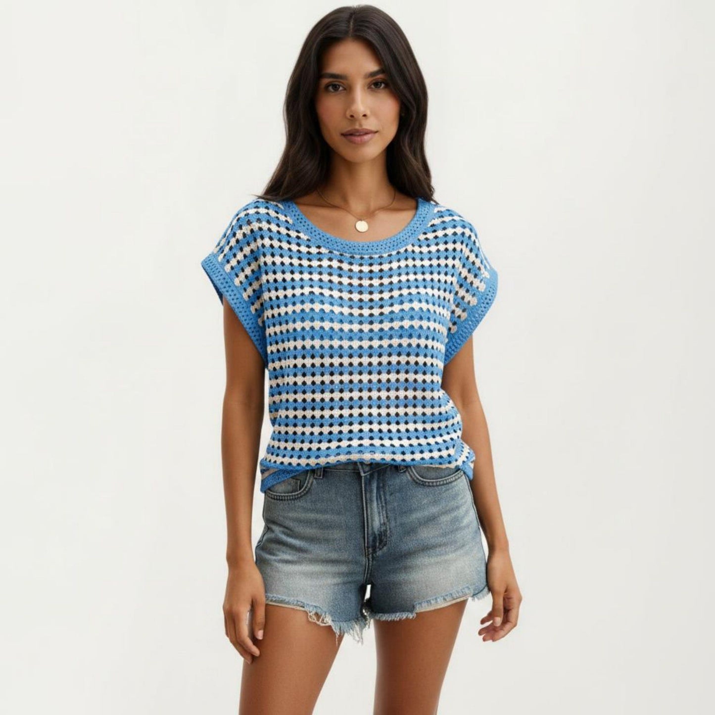 Short Sleeve Striped Crochet Knit Top with Open Stitch Texture and Relaxed Fit