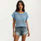 Short Sleeve Striped Crochet Knit Top with Open Stitch Texture and Relaxed Fit