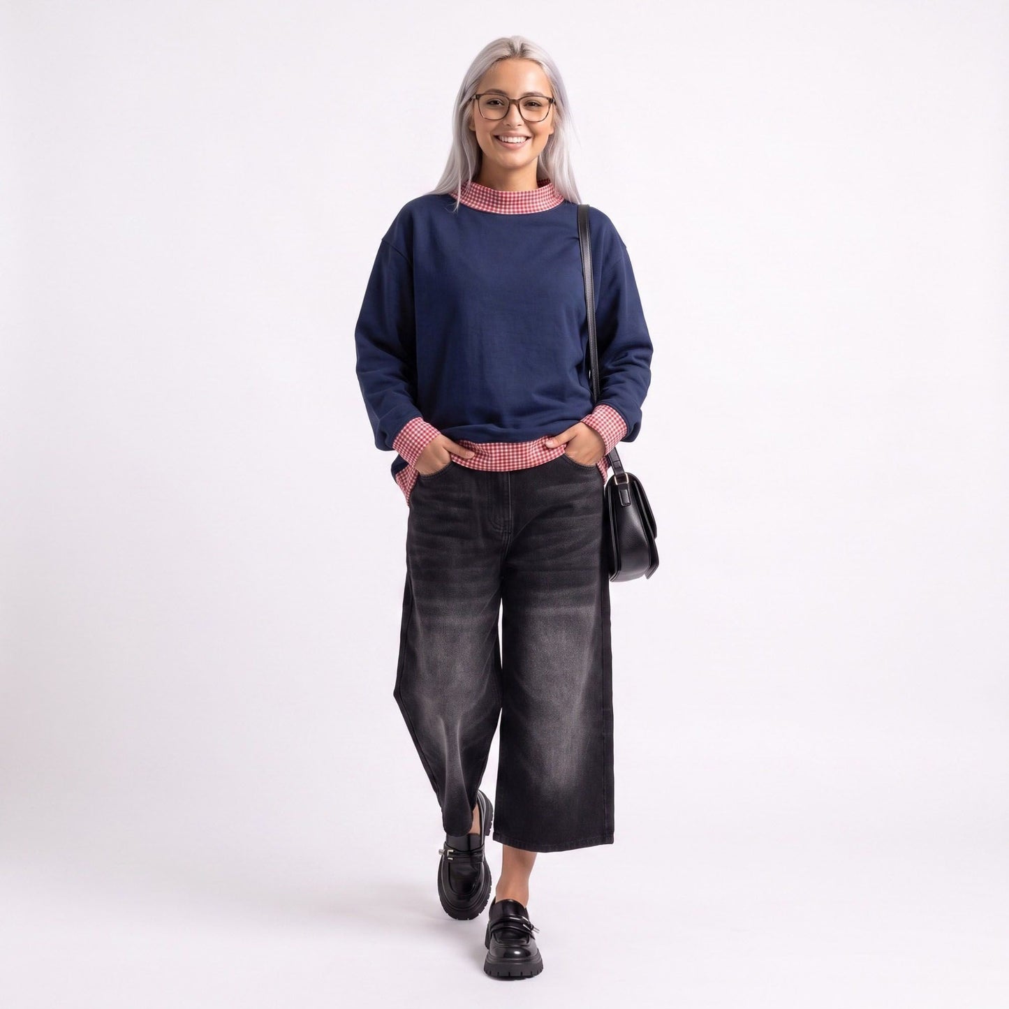 Long Sleeve Contrast Trim Sweatshirt with Polka Dot Details