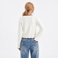 Contrast Trim V Neck Sweater Flare Sleeve Scalloped Hem Knit Pullover
