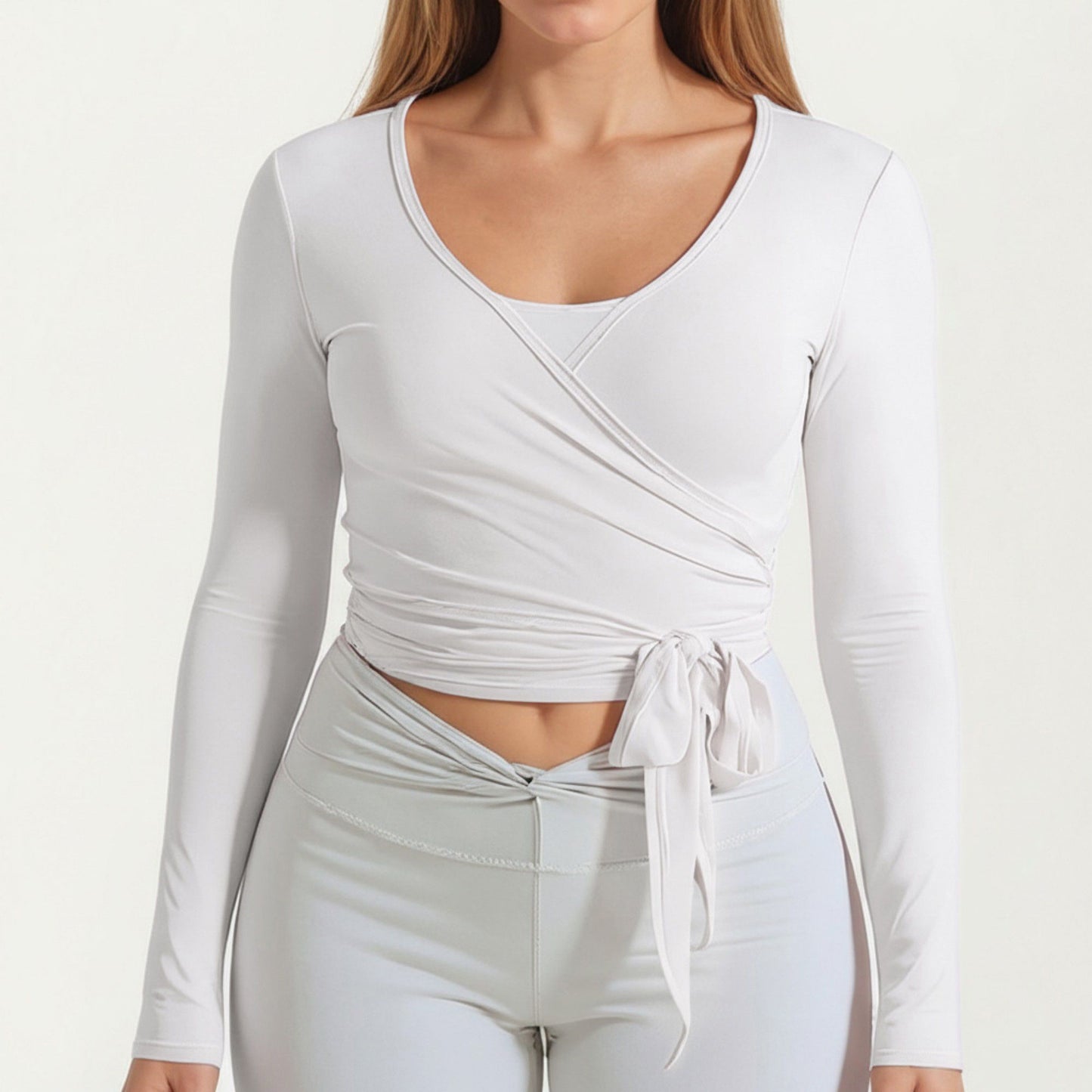 Pilates Wrap Top - Long Sleeve V-Neck Cropped Gym Cover Up Balletcore Workout Shirt
