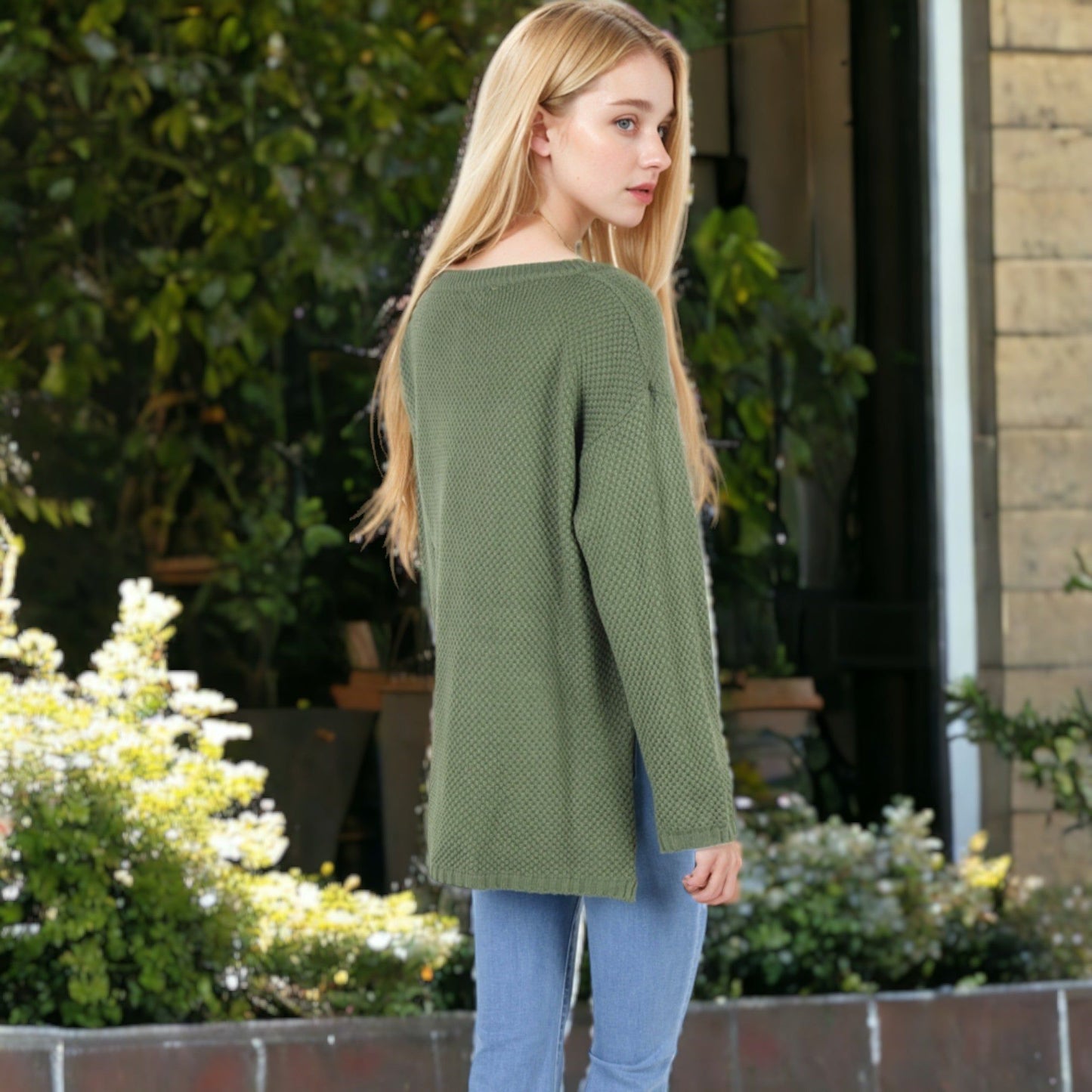 Contrast Half Button Henley Down Long Sleeve Sweater