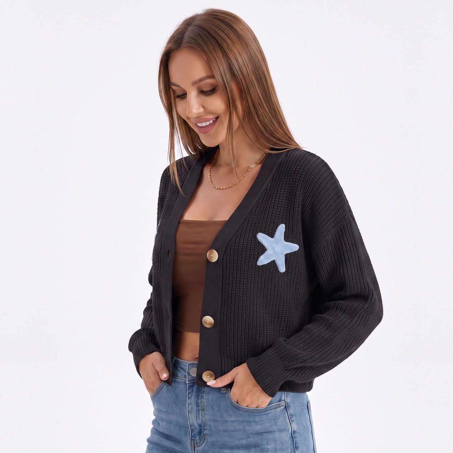 Starfish Applique Button Front V Neck Knit Cardigan Sweater