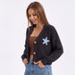 Starfish Applique Button Front V Neck Knit Cardigan Sweater