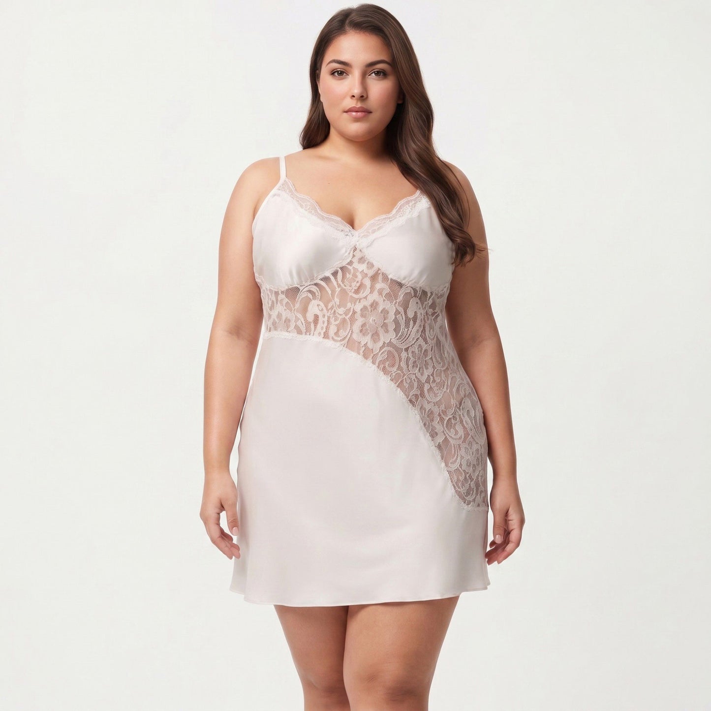 Plus Size Lace Panel Chemise Slip Dress Adjustable Strap Sleepwear