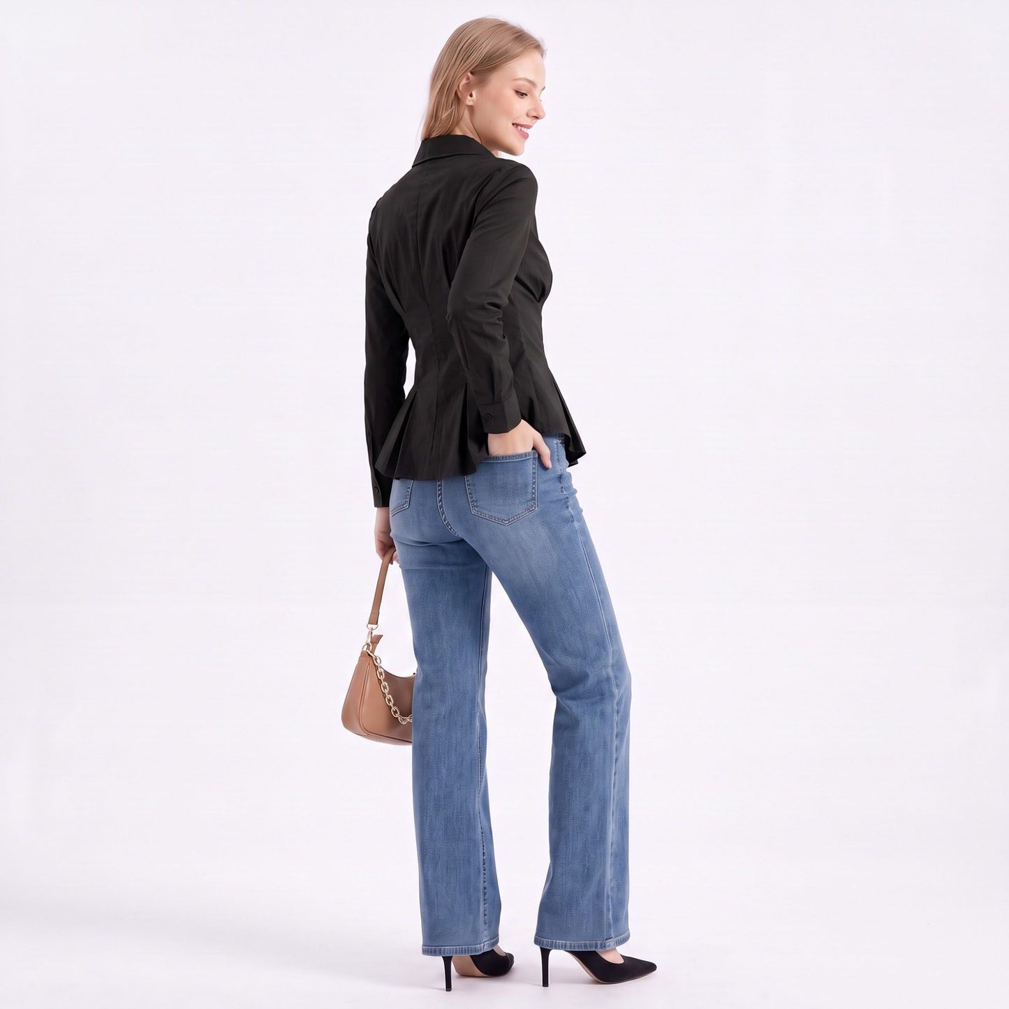 Long Sleeve Button Down Peplum Shirt with Collared Neckline