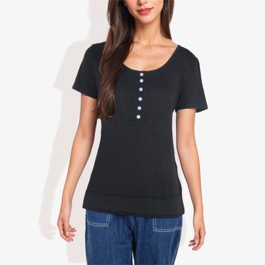 Solid Round Neck Short Sleeve Top with Decorative Buttons