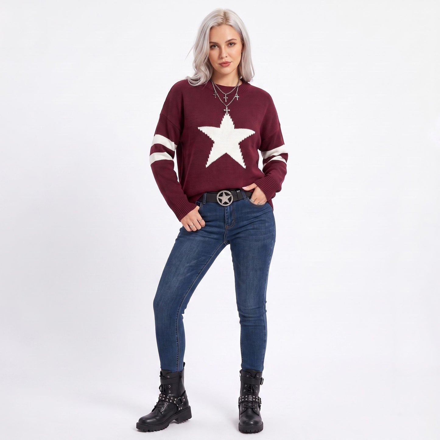 Star Graphic Striped Sleeve Crewneck Knit Sweater