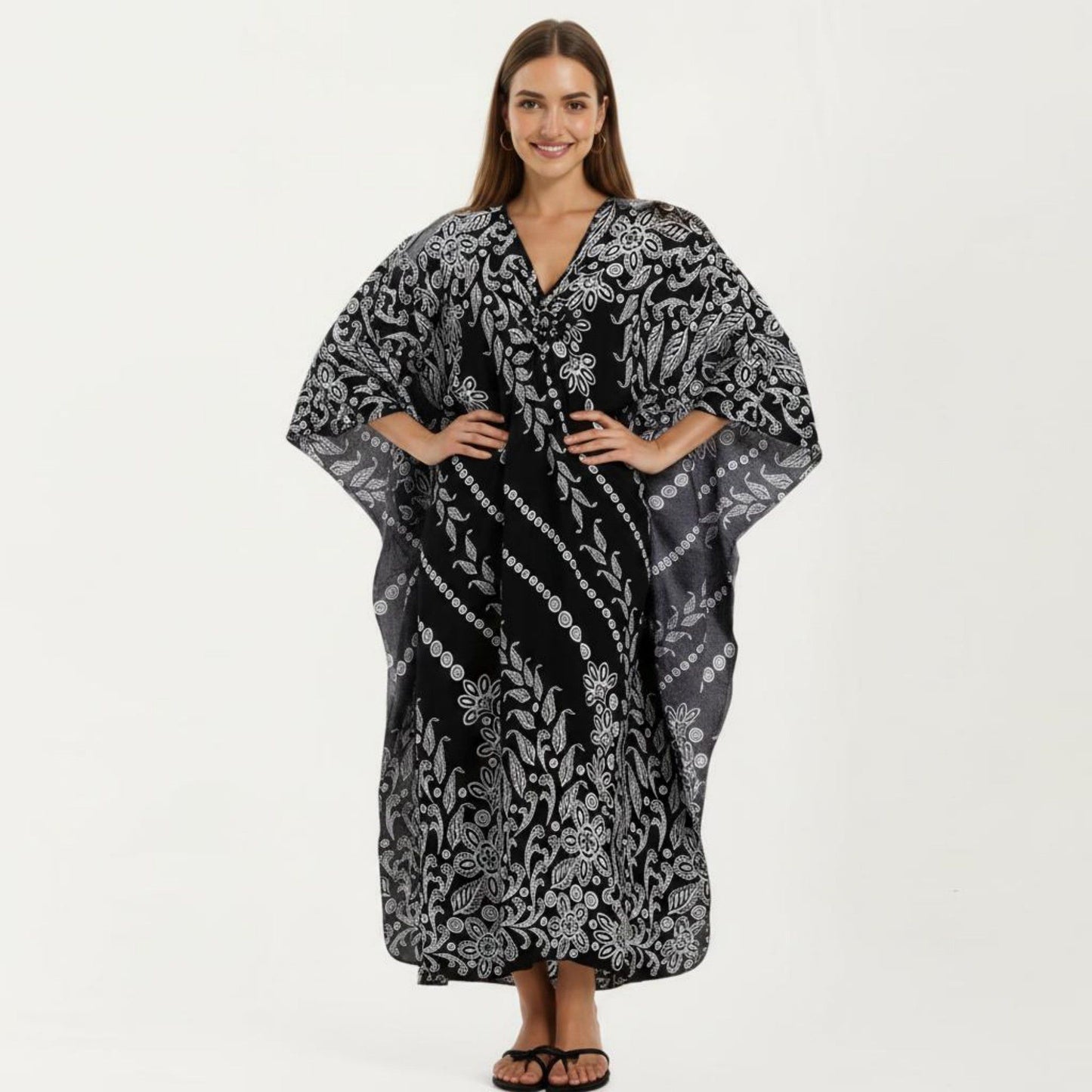 Floral Print Kaftan Maxi Dress with V-Neck Button Front and Flowy Batwing Sleeves