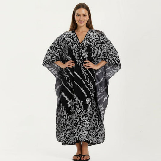 Floral Print Kaftan Maxi Dress with V-Neck Button Front and Flowy Batwing Sleeves