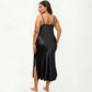 Plus Size Satin Chemise Nightgown with Lace Trim Neckline Adjustable Straps Side Slit Slip Dress