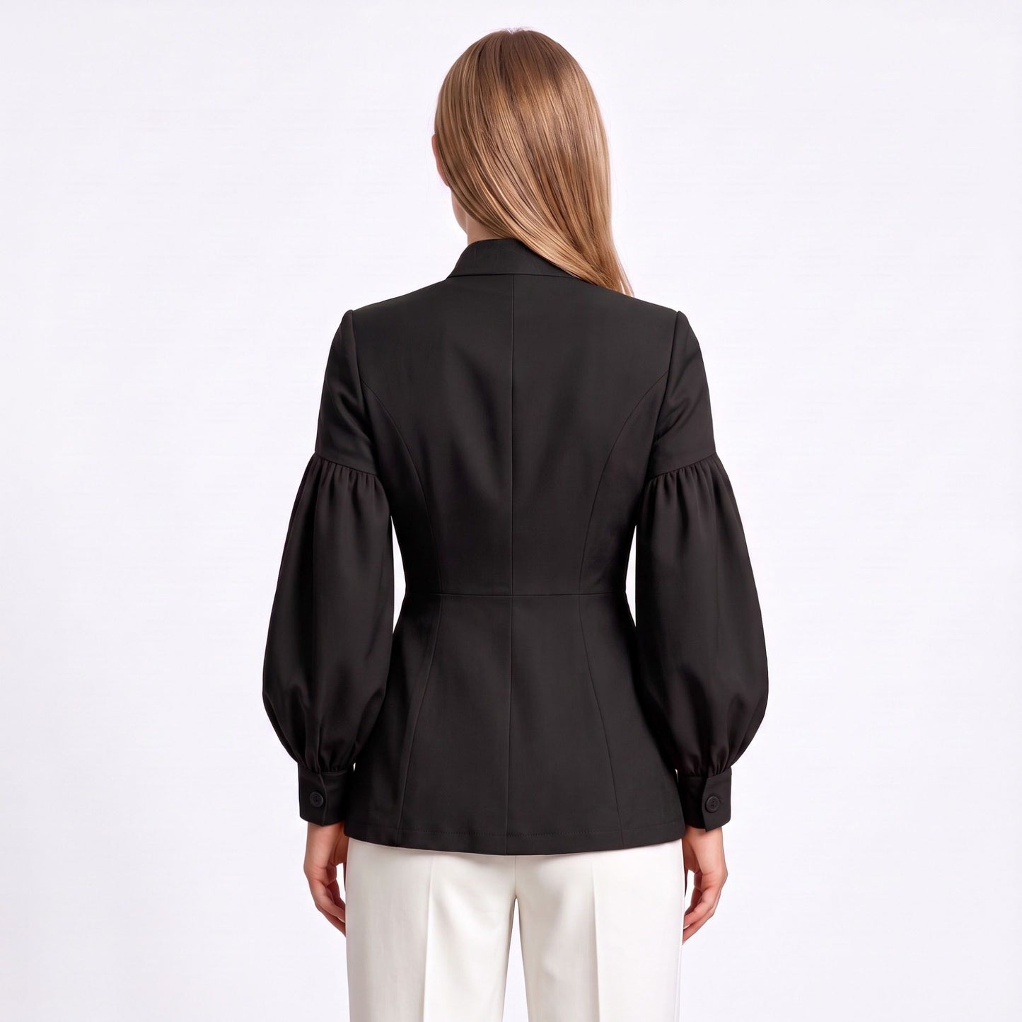 Puff Sleeve Peplum Blazer with Stand Collar and Button Front