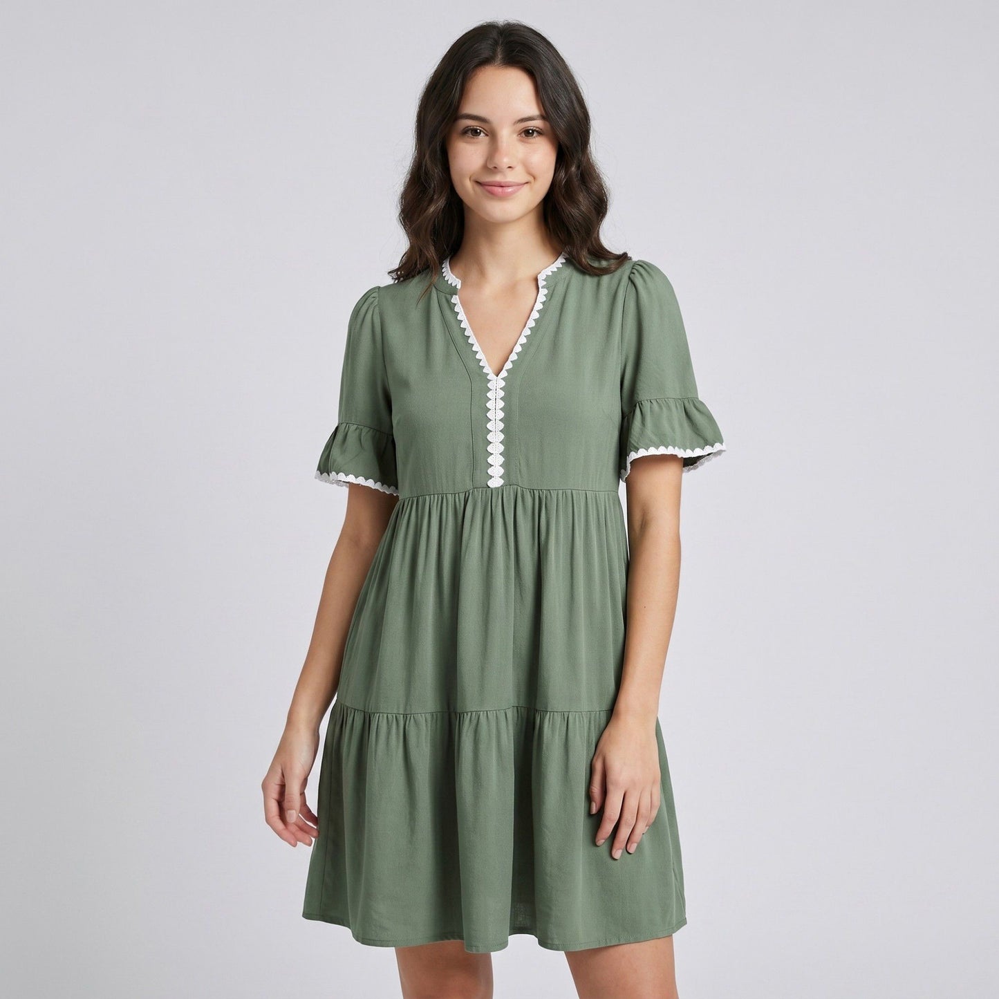 Lace Trim V-Neck Flutter Sleeve Tiered Mini Dress with Gathered Waist and Flowy Relaxed Silhouette